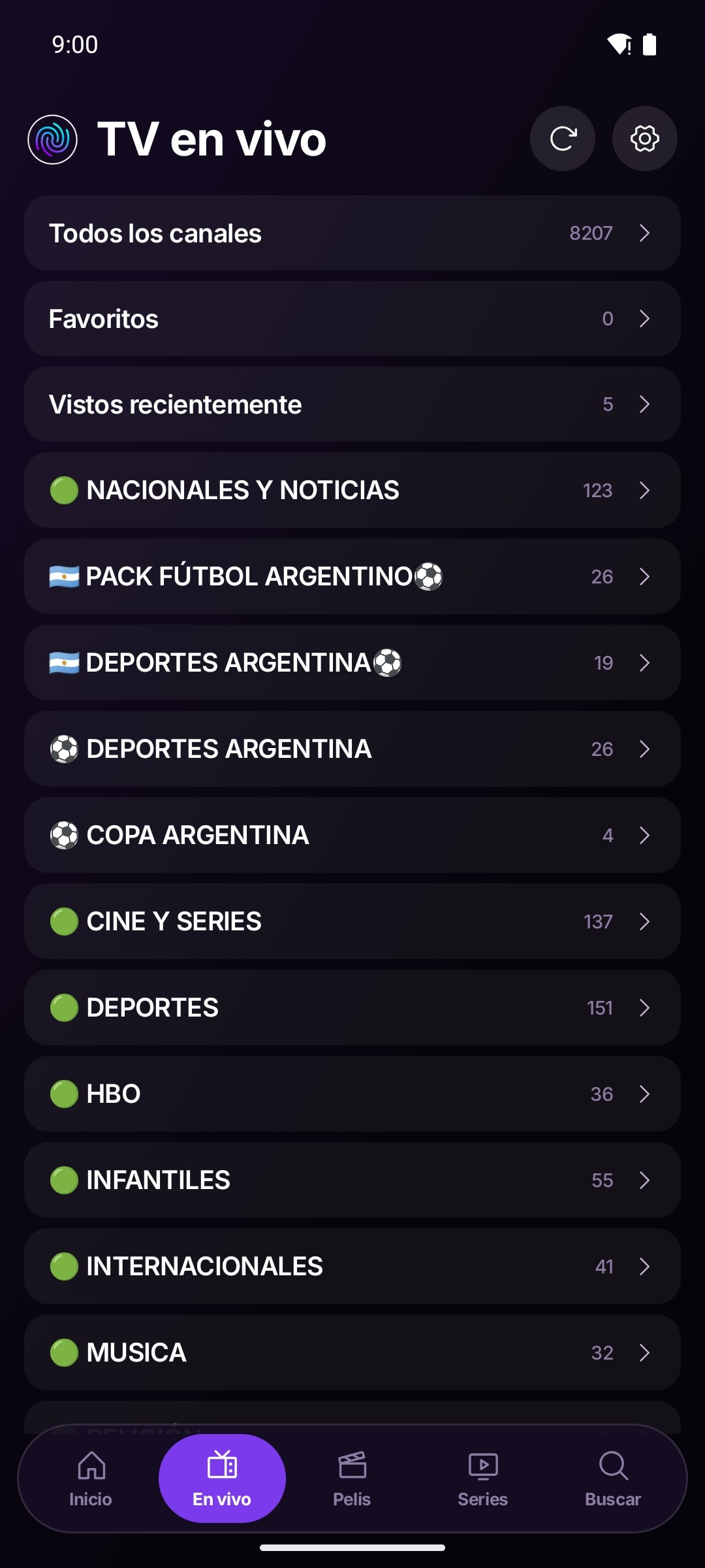 Canales en vivo por categoría
