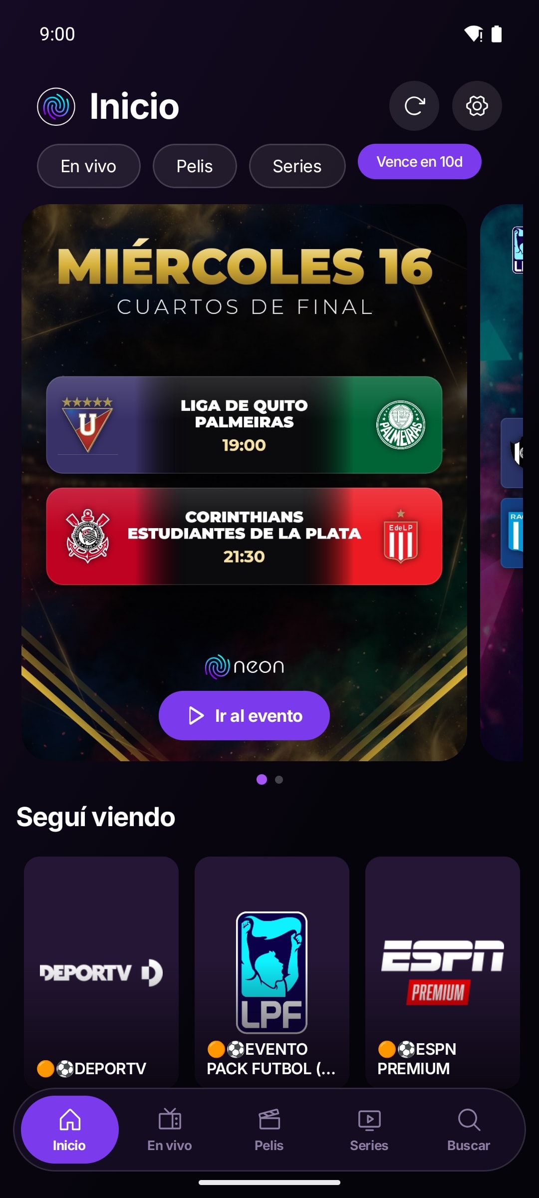 Neon Play en el celular con los partidos del día
