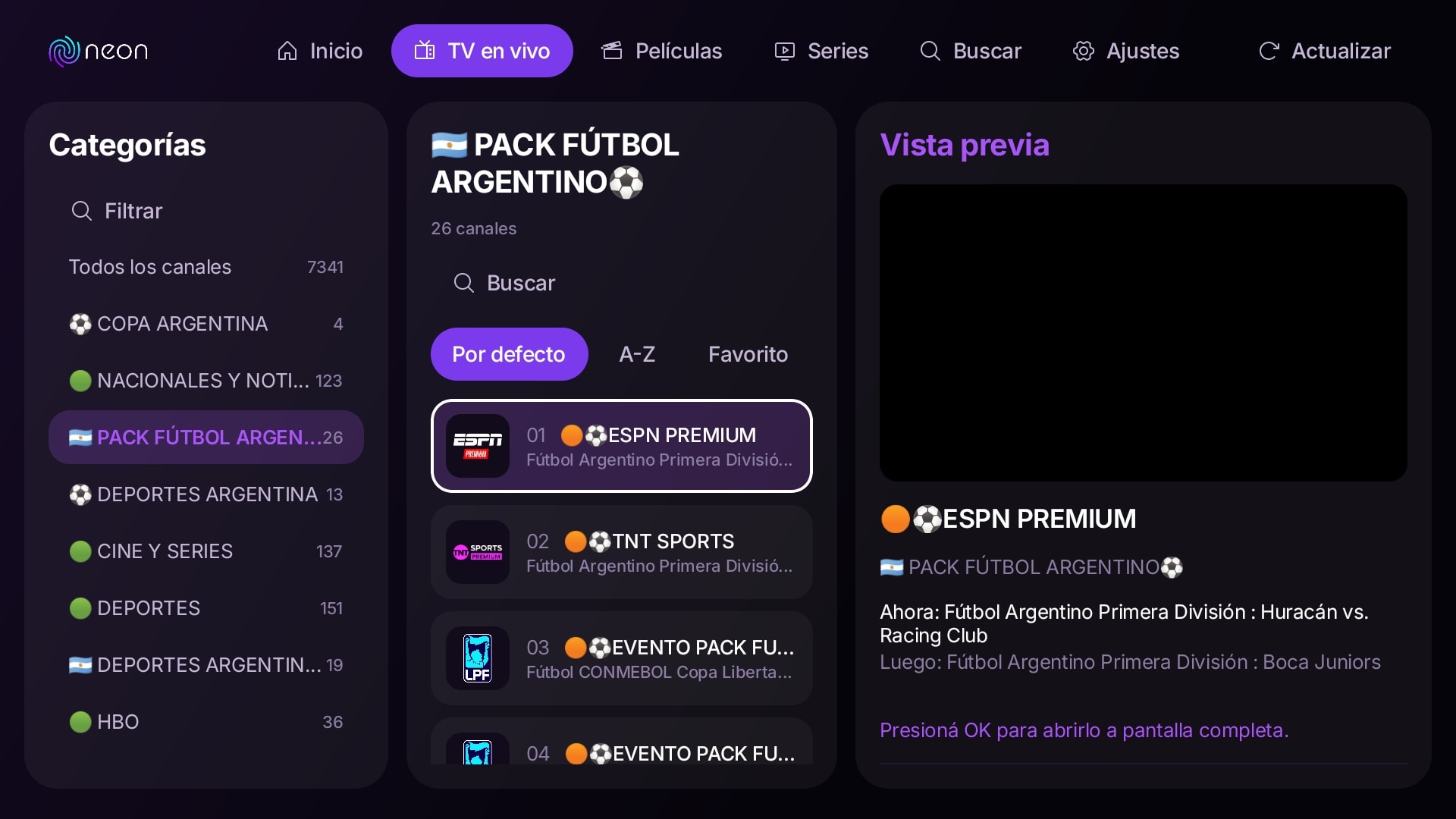 Pack Fútbol en vivo, con el partido de ahora y el que sigue